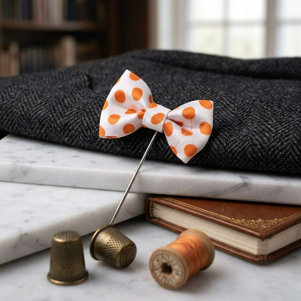 Elegant White & Orange Polka Dot Bow Brooch