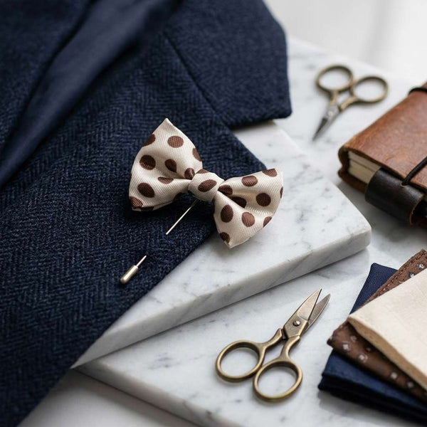 Elegant White & Burgundy Polka Dot Bow Brooch