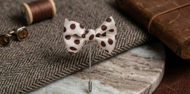 Elegant White & Burgundy Polka Dot Bow Brooch