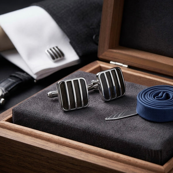 Sleek Black & Silver Striped Cufflinks