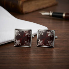 Ornate Burgundy Square Cufflinks