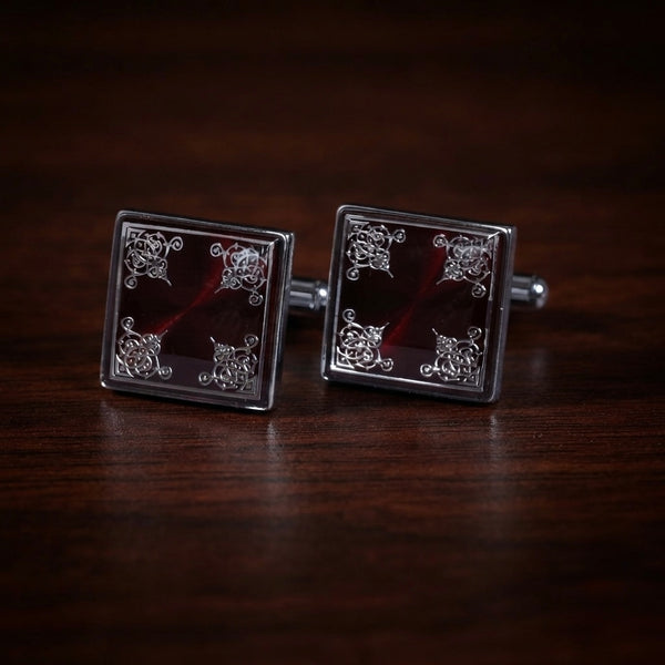 Ornate Burgundy Square Cufflinks