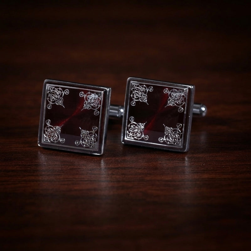Ornate Burgundy Square Cufflinks