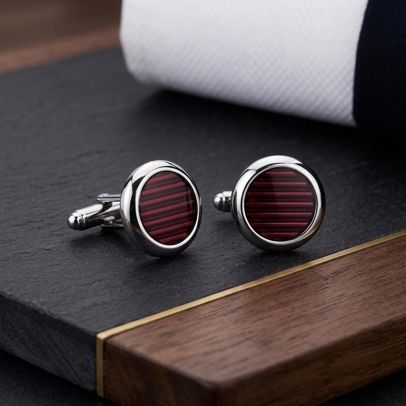 Burgundy Striped Round Cufflinks