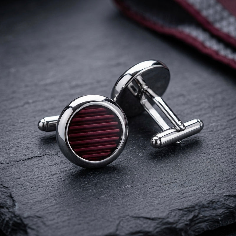 Burgundy Striped Round Cufflinks