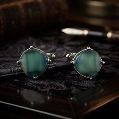 Emerald Green Stone Silver-Tone Cufflinks