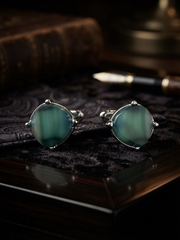 Emerald Green Stone Silver-Tone Cufflinks