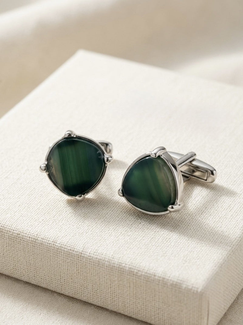 Emerald Green Stone Silver-Tone Cufflinks