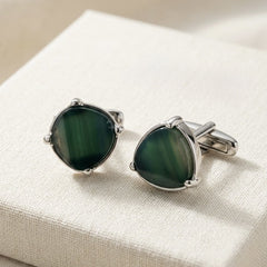 Emerald Green Stone Silver-Tone Cufflinks