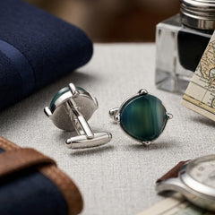 Emerald Green Stone Silver-Tone Cufflinks