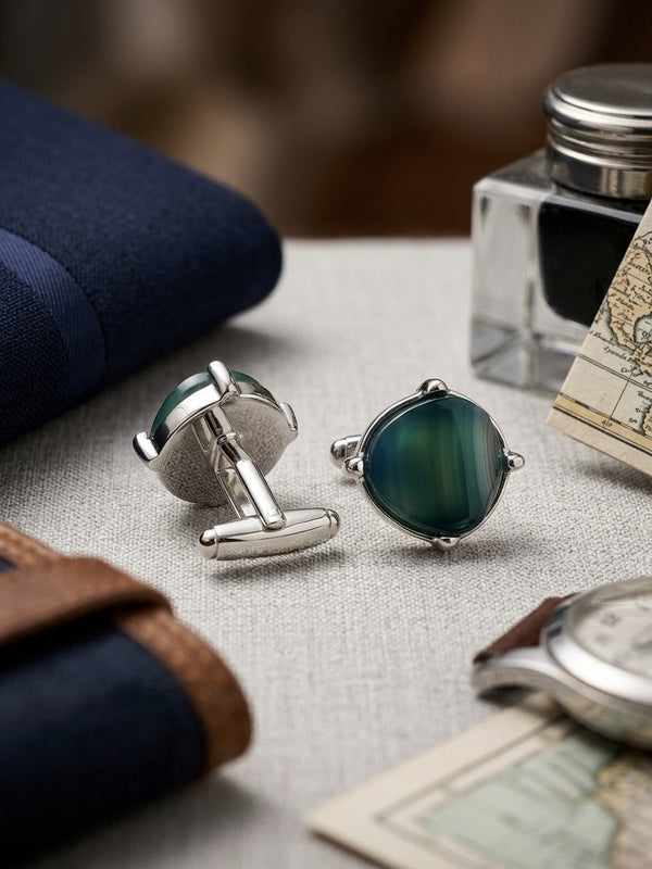 Emerald Green Stone Silver-Tone Cufflinks